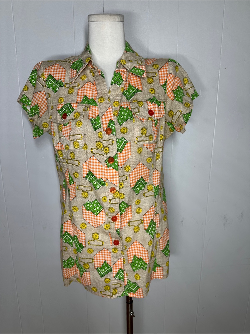 Vintage 70s Cotton Printed Bandana Button Button Up Blouse